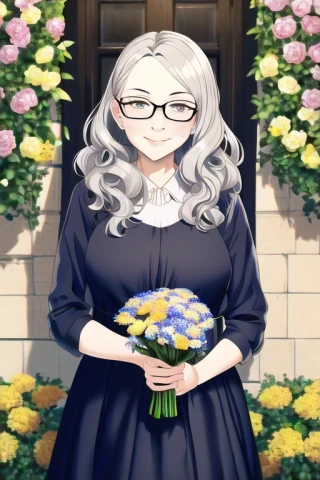 cabello ondulado, gafas, flor, anciana, vestido